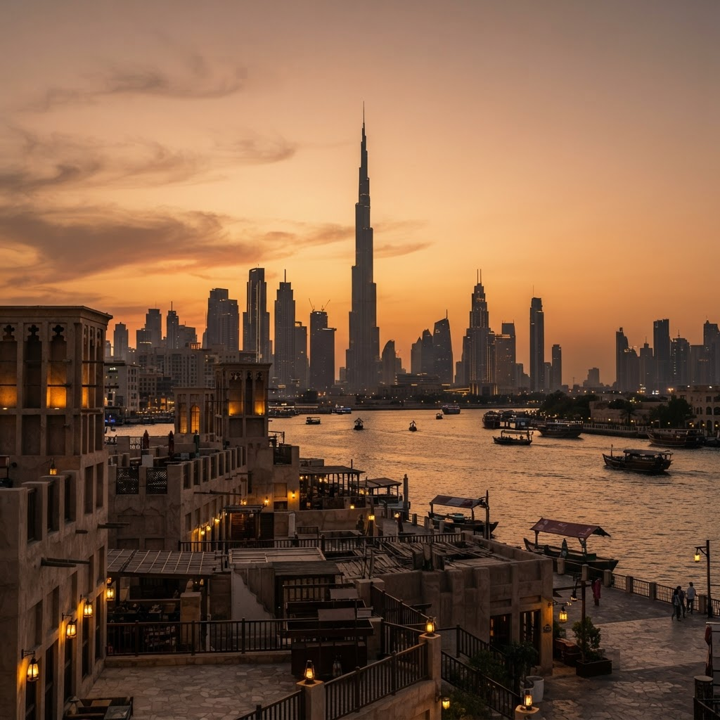 Dubai skyline and old town at sunset